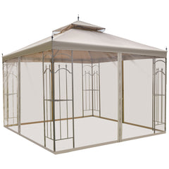 10' x 10' Patio Gazebo with Corner Frame Shelves, Double Roof Outdoor Gazebo Canopy Shelter with Netting for Patio, Wedding, Catering & Events, Brown