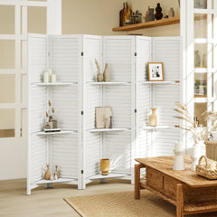 6 Panel 67" Tall Wood Privacy Screen Room Divider with 3 Shelves and Folding Storage for Bedroom, White