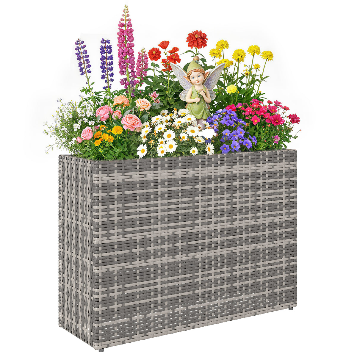 Tall Rectangular Planter with Removable Liner, Holes, PE Wicker Large Planter Box for Indoor Outdoor Plants, Gray