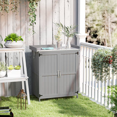Outdoor Storage Cabinet, Garden Tool Shed with Metal Tabletop and Shelf, Wooden Potting Bench with 2 Doors, Gray