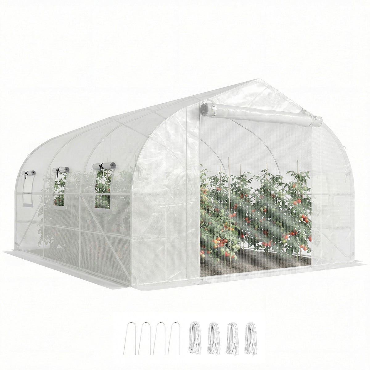 10'x11'x6' Walk-in Tunnel Greenhouse with Shelves, Mesh Door and Windows, Plant Hot House with PE Cover, White