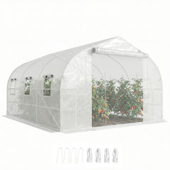 10'x11'x6' Walk-in Tunnel Greenhouse with Shelves, Mesh Door and Windows, Plant Hot House with PE Cover, White