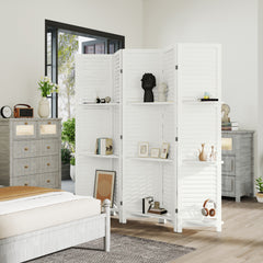 5 Panel 67" Tall Wood Privacy Screen Room Divider with 3 Shelves and Folding Storage for Bedroom, White