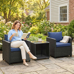 3 Piece Patio Bistro Set, Wicker Furniture Set with Thick Cushions, Glass Coffee Table and Chairs for Garden, Dark Blue