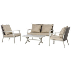 4 Pieces Patio Furniture Set with Cushions, Outdoor Wicker Conversation Sofa Sets, Aluminum Frame Sofa Sets for Backyard, Poolside, Garden, Beige