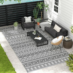 Reversible Outdoor Rug Carpet RV Camping Rugs with Carry Bag, 9' x 18', Gray & Cream White Boho
