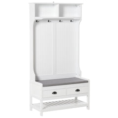 3-in-1 Hall Tree, Entryway Bench with Coat Rack, Mudroom Bench with Shoe Rack, 2 Storage Drawers, 4 Hooks and Padded Seat Cushions for Hallway, White
