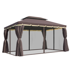 10' x 13' Patio Gazebo, Aluminum Frame Double Roof Outdoor Gazebo Canopy Shelter with Netting & Curtains, Coffee