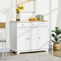 Kitchen Storage Cabinet, Sideboard Floor Cupboard with Solid Wood Top, Adjustable Shelf, and 2 Drawers, White