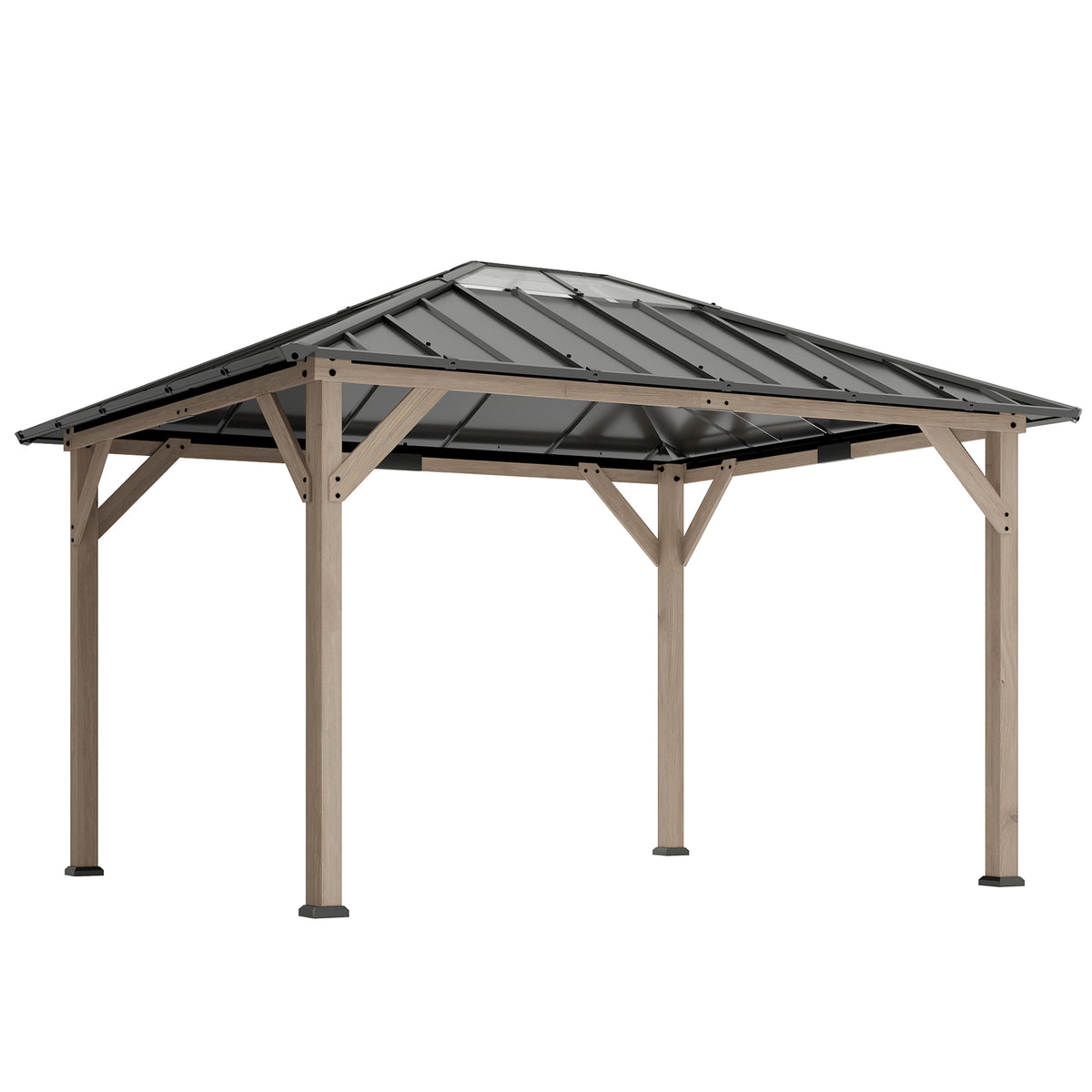 10' x 12' Hardtop Gazebo with Galvanized Steel Roof, UPF50+ Wood Permanent Pavilion with Clear Roof Top, Light Walnut