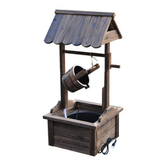 Outdoor Wooden Wishing Well Fountain with Adjustable Water Flow Rate, Rustic Waterfall Fountain, Carbonized Finish