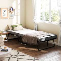 Folding Bed with Mattress for Adults, Long Twin Size, Portable Foldable Bed with 4" Foam Mattress & Space-Saving Steel Frame, 79" x 35", Fold Up, Roll Away & Hideaway, White