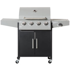 52" Barbecue Grill with Wheels 4+1 Burner Liquid Propane Gas Grill Outdoor Cabinet Style BBQ Trolley w/ Side Burner, Warming Rack, Storage Cabinet