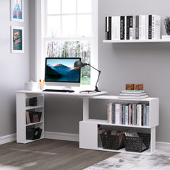 360° Rotating Home Office Desk L Shaped Corner Computer Desk with Storage Shelves, Writing Table Workstation, White