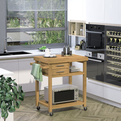 Bamboo Kitchen Island Cart on Wheels, Utility Trolley Cart with 2 Storage Drawers and Open Shelves, Bamboo Tone