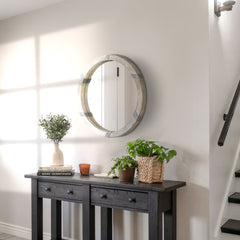 30.75" Wood Wall Mirror, Farmhouse Decorative e Round Mirror for Wall Decor in Living Room, Bedroom, Natural Wood Color