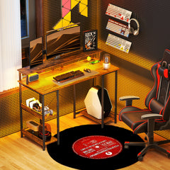 Computer Desk with Storage, 47" Reversible Computer Table with Power Outlets and LED Lights, Rustic Brown
