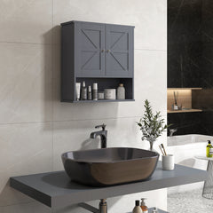 Farmhouse Bathroom Medicine Cabinet, Wall Cabinet with Barn Doors and Adjustable Shelf for Laundry Room, Gray