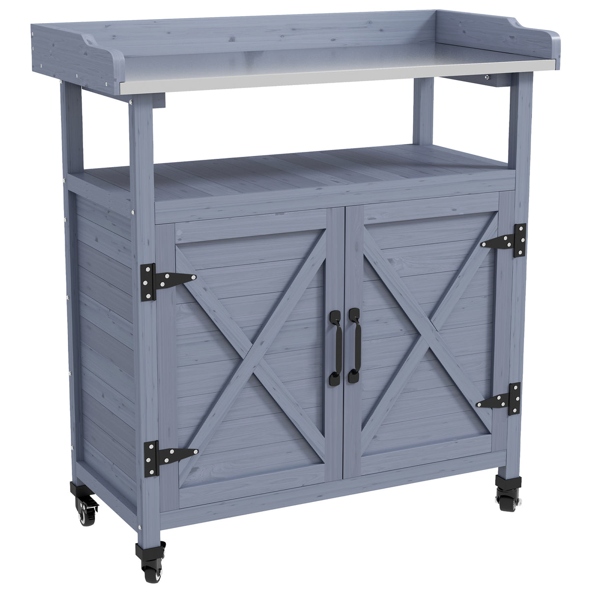 Outdoor Wooden Potting Bench with Storage Cabinet, Aluminum Tabletop, Rubber Wheels for Backyard, Patio, Balcony, Gray