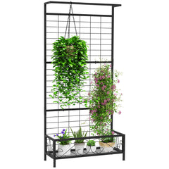 Metal Tall Plant Stand with Trellis and Hanging Bar, Plant Holder for Indoor Outdoor Use, 35" x 12.8" x 74", Black