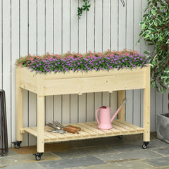 Raised Garden Bed, 47" x 22" x 33", Elevated Wooden Planter Box w/ Lockable Wheels, Storage Shelf, and Bed Liner for Backyard, Patio, Natural