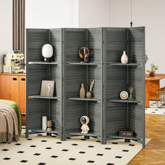 6 Panel 67" Tall Wood Privacy Screen Room Divider with 3 Shelves and Folding Storage for Bedroom, Gray