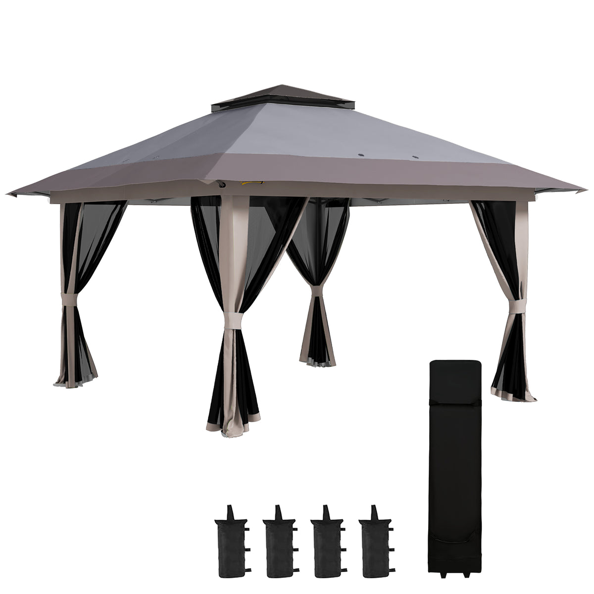 13' x 13' Pop Up Gazebo Instant Canopy Tent Shelter with 2-Tier Roof, Carry Bag, Wight Bags for Outdoor, Garden, Gray