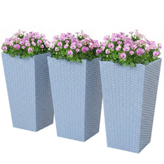 Tall Planters for Outdoor Plants Set of 3, 24 In Taper Planters with Drainage Holes, Rattan Decor Plant Pots, Light Gray