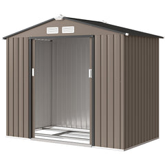 7' x 4' Outdoor Storage Shed, Garden Tool House w/ Foundation Kit Vents & Sliding Doors for Backyard Patio, Brown