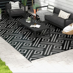 Reversible Outdoor Rug Carpet RV Camping Rugs with Carry Bag, 9' x 18', Black & Gray Geometric