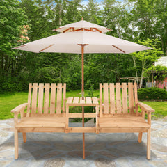 Patio Bench, Garden Bench with Middle Table and Umbrella Hole, Wooden Outdoor Bench for Patio, Porch, Poolside, Balcony, Natural