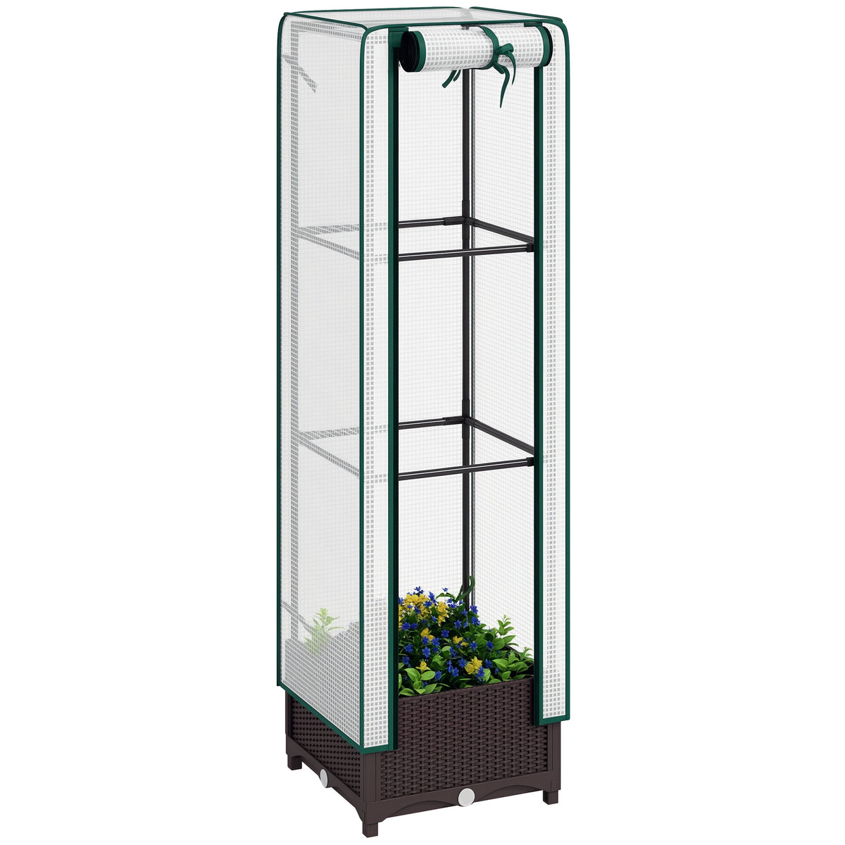 Garden Bed with Trellis, Outdoor Plant Box with PE Cover, Drainage Holes and Zipper Door, 15.7" x 15.7" x 48.8", Brown
