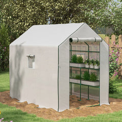 Portable Greenhouse, Water/UV Resistant Walk-In Small Outdoor Green House with 2 Tier Flower Rack Shelves, White