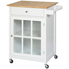 27" Rolling Kitchen Island Cart with Drawer and Glass Door Cabinet, Kitchen Trolley with Adjustable Shelf and Towel Rack, White