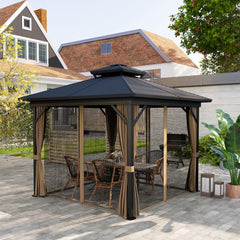 10' x 10' Hardtop Gazebo with Aluminum Frame, Metal Roof Gazebo Canopy w/ Hook, Curtains included, Dark Brown