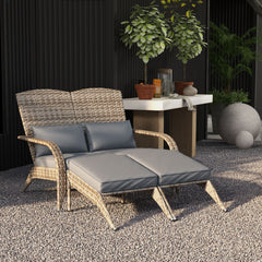 Wicker Adirondack Chair for 2 with Cushions & Footrests, PE Rattan Double Chaise Lounge Chair, Fire Pit Chair for Porch with Wide Armrests, High-back, Gray