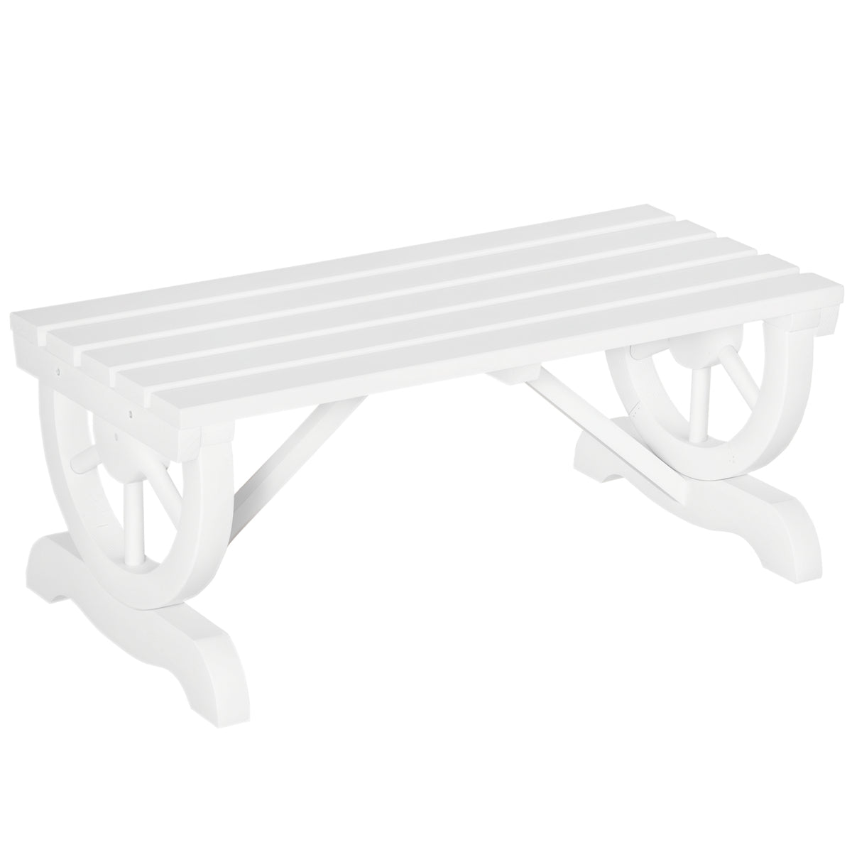 2-Person Wooden Garden Bench, Outdoor Wagon Wheel Porch Bench for Backyard Garden, Support 550 LBS, Rustic Country Style Patio Furniture, White