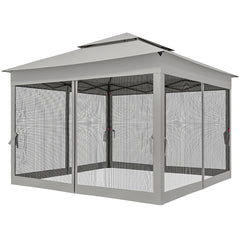 Outdoor Patio Pop Up Canopy Gazebo Shelter with Zipper Netting, Carry Bag, 11' x 11', Light Gray