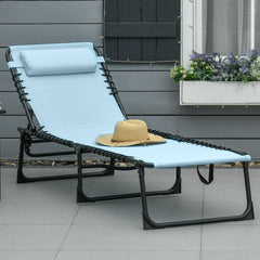 Folding Chaise Lounge Pool Chair with 4-Position Reclining Back, Pillow, Breathable Mesh & Bungee Seat, Baby Blue