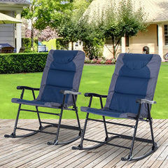 Oversized Folding Rocking Camping Chair Set of 2, Padded Outdoor Rockers with High Back and Armrests, Portable Outdoor Patio Chairs with Steel Frame for Garden, Porch, Lawn, Navy Blue