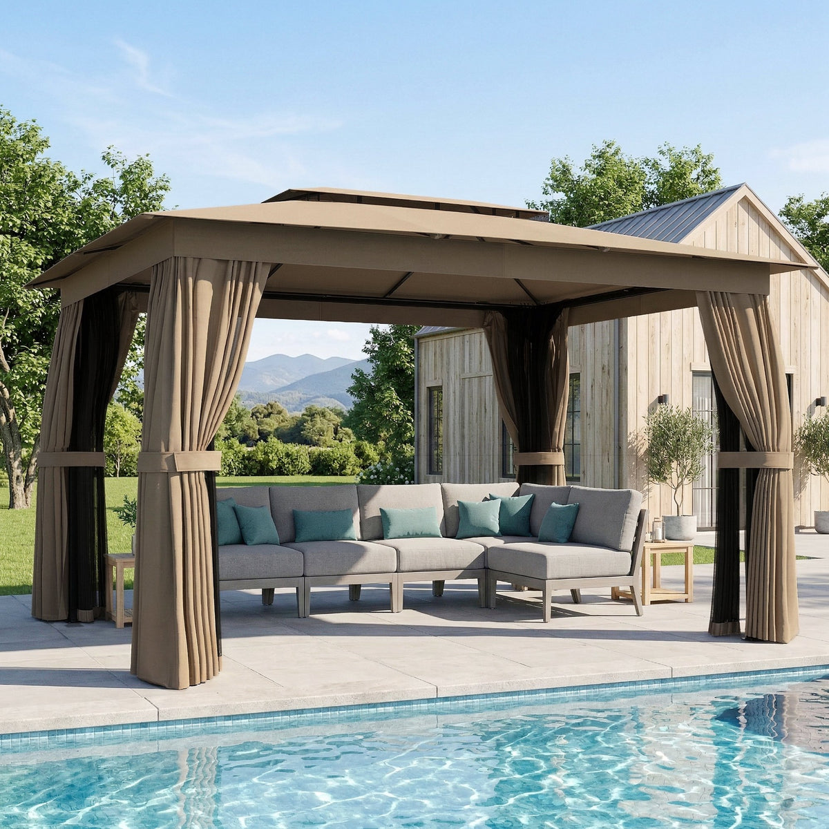 10' x 12' Outdoor Patio Gazebo, Soft Top Gazebo Canopy Shelter with Curtains, Netting, Steel Frame, Hooks, Khaki