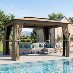 10' x 12' Outdoor Patio Gazebo, Soft Top Gazebo Canopy Shelter with Curtains, Netting, Steel Frame, Hooks, Khaki
