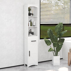 Farmhouse Tall Slim Bathroom Storage Cabinet with Recessed Drawer, Narrow Cabinet with Barn Door, White