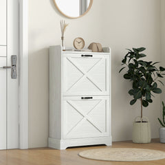 Slim Shoe Storage Cabinet, Farmhouse Shoe Cabinet with 2 Flip Drawers, Adjustable Shelves for 8 Pairs, Distressed White