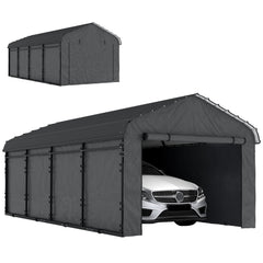 12' x 20' Metal Carport, Heavy Duty Garage Car Canopy with Galvanized Metal Roof and Removable Sidewalls, Dark Gray