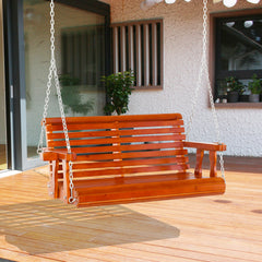46" 2-Person Porch Swing Wooden Patio Swing Bench with Cup Holders, Slatted Design, Chains, 440lb Weight Capacity, Brown
