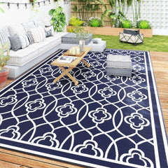 Reversible Outdoor Rug, Waterproof Plastic Straw with Carry Bag, 9' x 18', Blue & White Lantern
