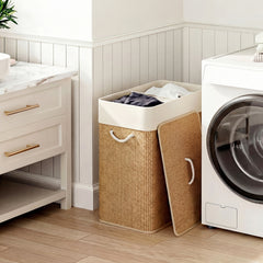 Double Laundry Basket with Lid, 26.4 Gallon Bamboo Laundry Hamper with Rope Handles and Removable Liner, Brown