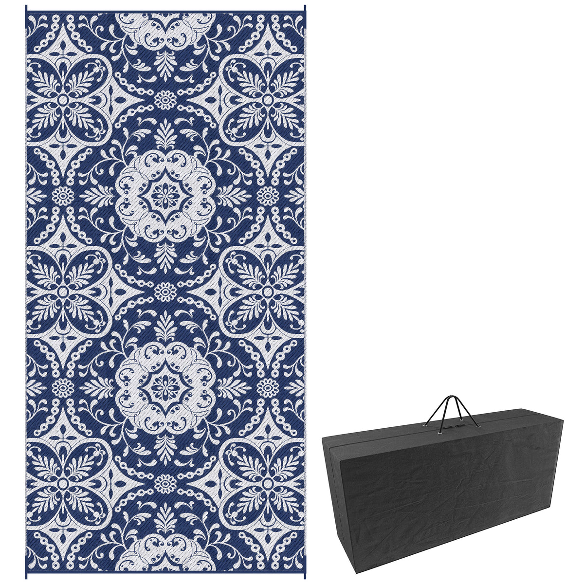 Outdoor Rug for Patio, 9' x 18' Waterproof Large Mat, Reversible Plastic Straw Rug for Decor, Portable Outside RV Camping Area Carpet Mat for Backyard Porch Deck Picnic, Blue & White Floral