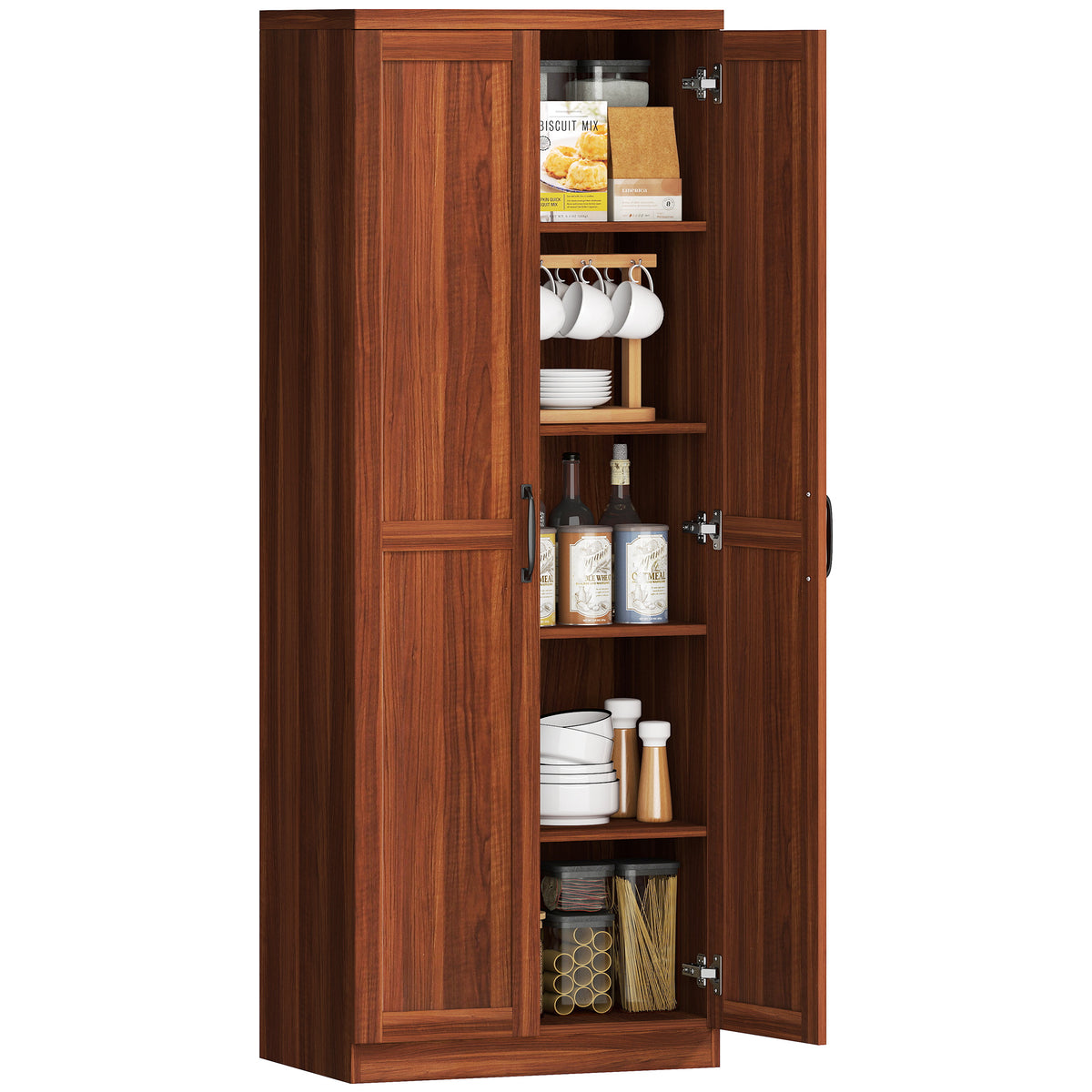 63" 2-Door Kitchen Pantry, Freestanding Storage Cabinet with 5-tier Shelving and 2 Adjustable Shelves for Dining Room, Brown